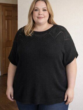 J. Jill Womens Plus 4X Black Short Sleeve Open Knit Yoke Sweater Top